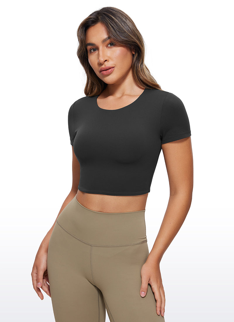 CRZ YOGA Women's Yoga Tight Fit Butterluxe Cropped Short Sleeves Black