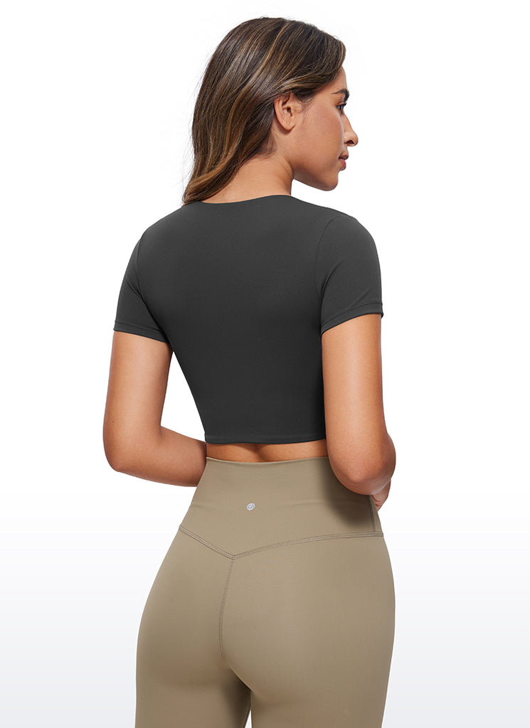 CRZ YOGA Women's Yoga Tight Fit Butterluxe Cropped Short Sleeves Taupe