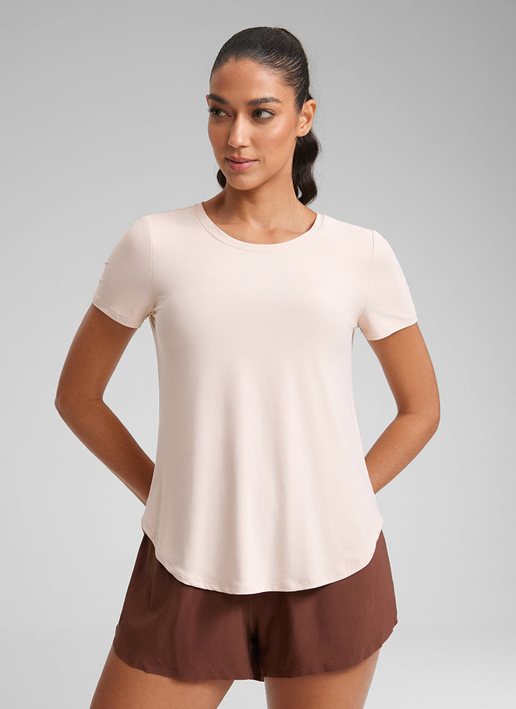 CRZ YOGA Women's Workout Lightweight Crewneck Short Sleeves Side Slit Milky White