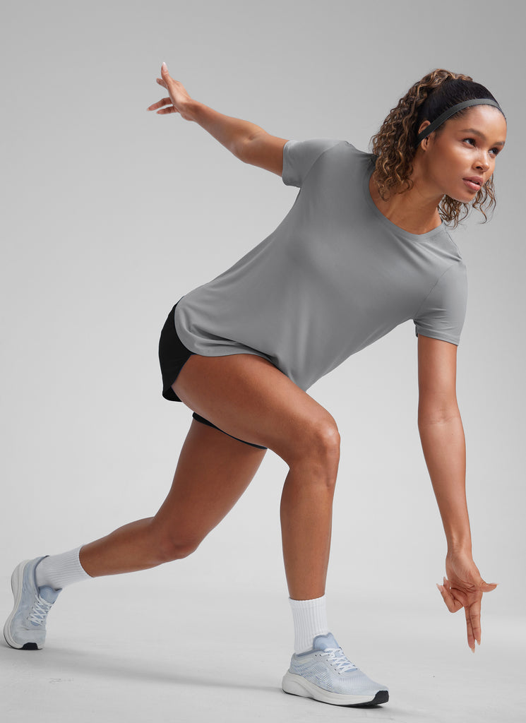 CRZ YOGA Women's Workout Lightweight Crewneck Short Sleeves Side Slit Silver Gray