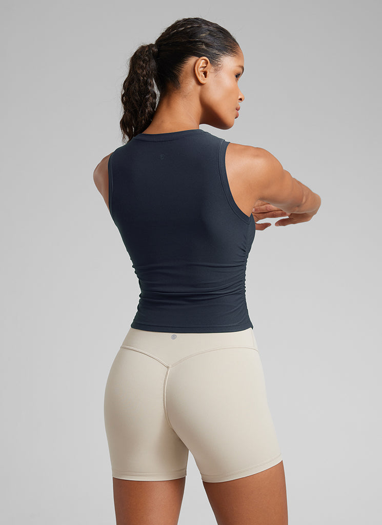 CRZ YOGA Women's Workout Tight Fit Ruched Athletic Tank High Neck Milky White