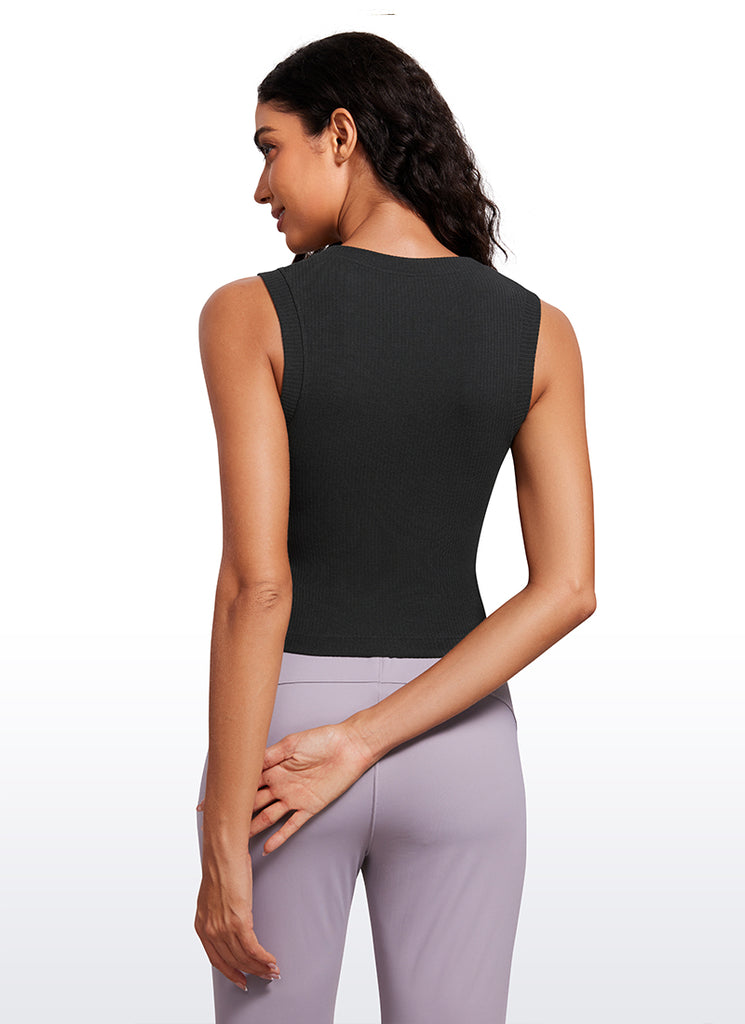 CRZ YOGA Women's Yoga Tight Fit Ribbed Tank high Neck Waist Length Milky White