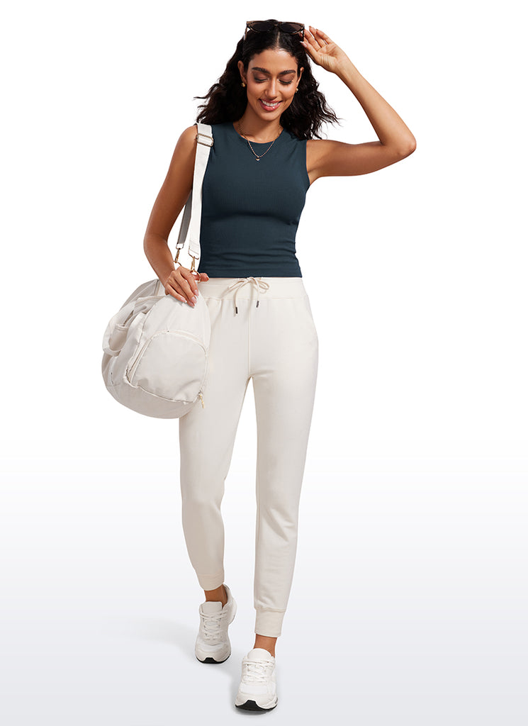 CRZ YOGA Women's Yoga Tight Fit Ribbed Tank high Neck Waist Length Taupe