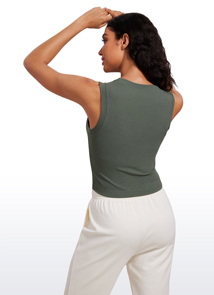 CRZ YOGA Women's Yoga Tight Fit Ribbed Tank high Neck Waist Length Taupe