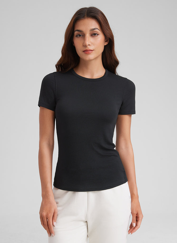 CRZ YOGA Womens Fitted Casual Ribbed Modal Crew Neck Short Sleeves Pink Peony