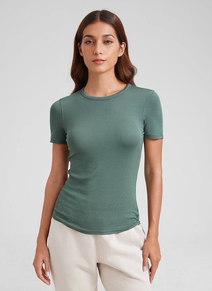 CRZ YOGA Womens Fitted Casual Ribbed Modal Crew Neck Short Sleeves Cambric Blue