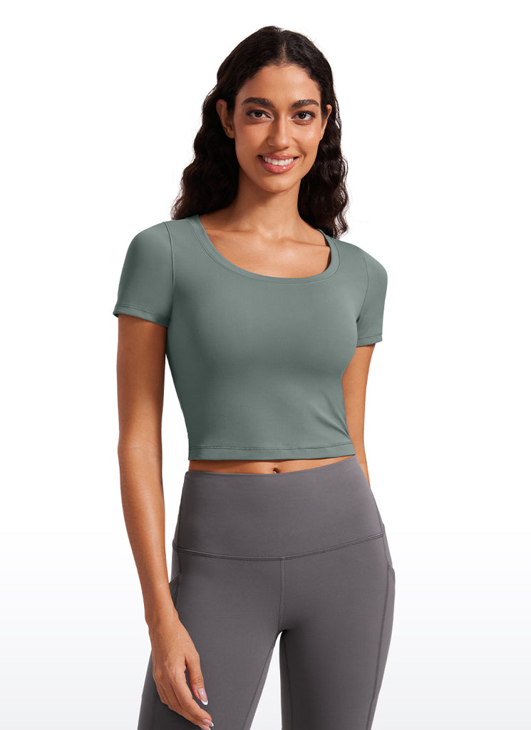 CRZYOGA Women's Slim Fit Scoop Neck Cropped Short Sleeves Grey Sage