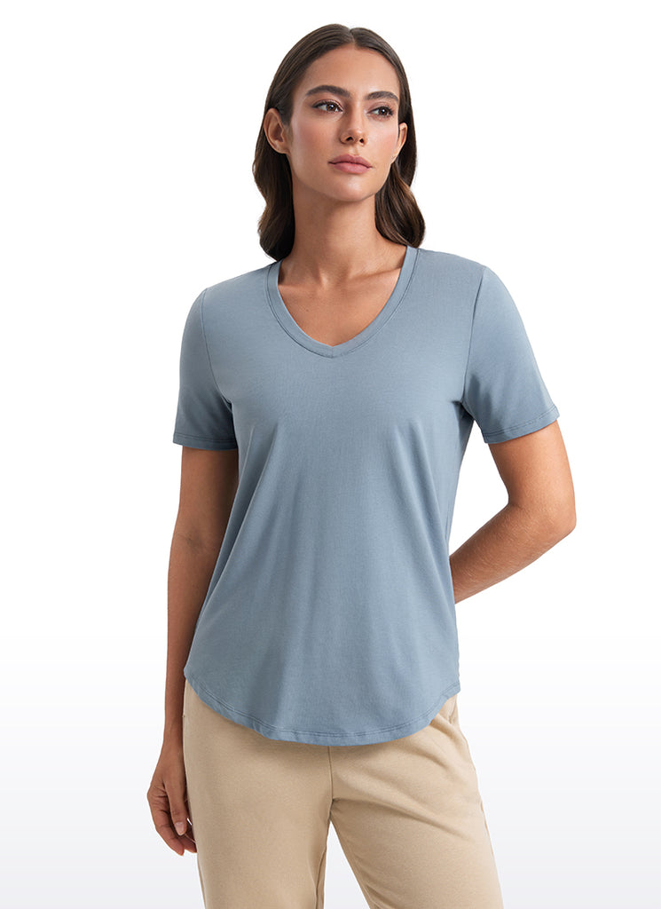 CRZ YOGA Women's Yoga Relaxed Fit Pima Cotton Short Sleeves V Neck True Navy