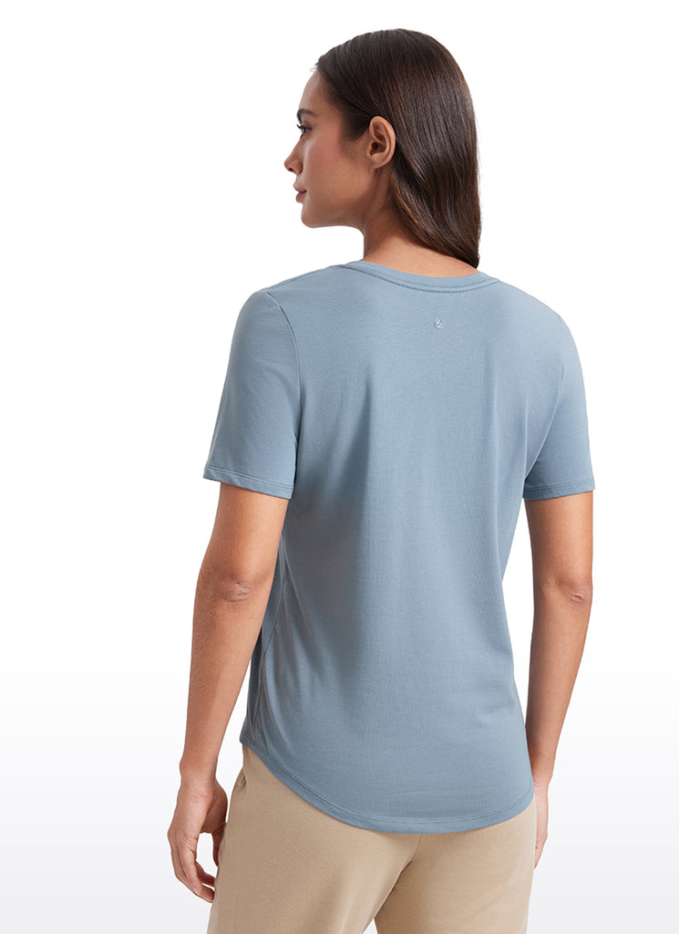CRZ YOGA Women's Yoga Relaxed Fit Pima Cotton Short Sleeves V Neck True Navy