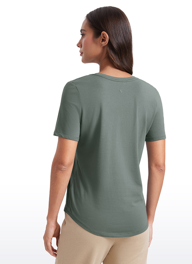 CRZ YOGA Women's Yoga Relaxed Fit Pima Cotton Short Sleeves V Neck Blue Linen