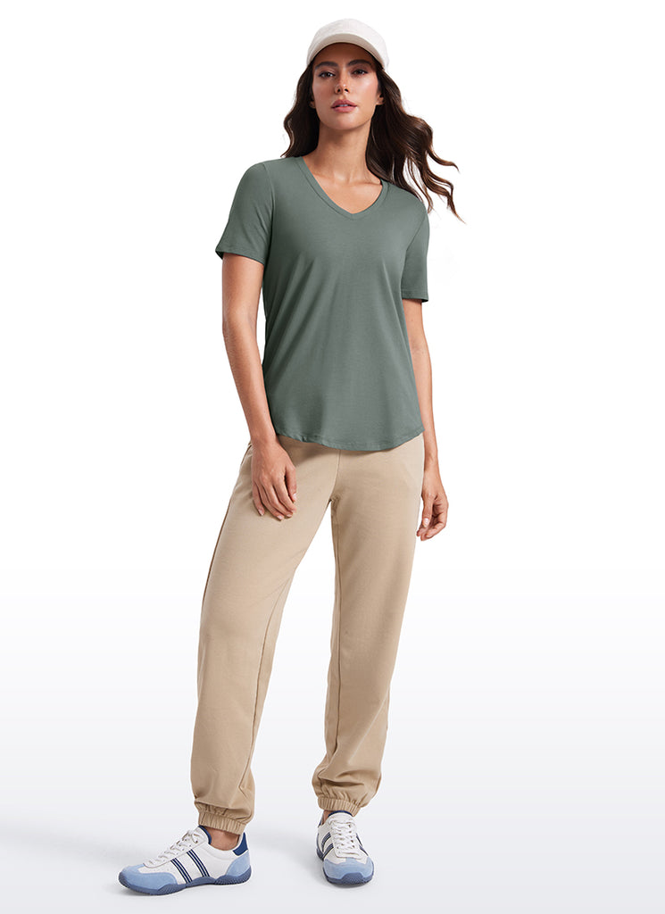 CRZ YOGA Women's Yoga Relaxed Fit Pima Cotton Short Sleeves V Neck Blue Linen