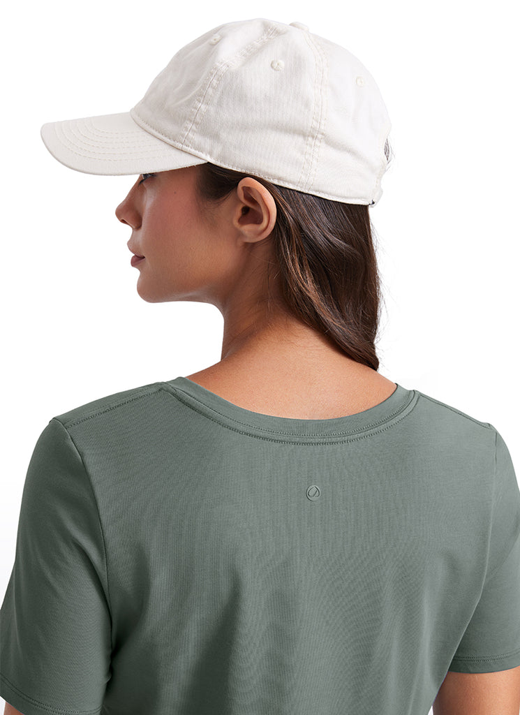 CRZ YOGA Women's Yoga Relaxed Fit Pima Cotton Short Sleeves V Neck Blue Linen