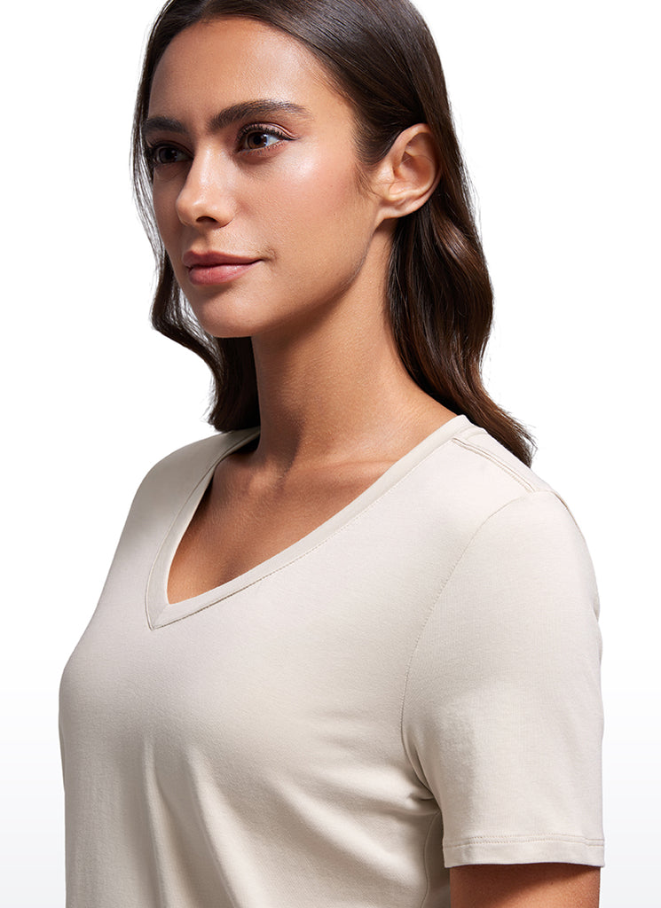 CRZ YOGA Women's Yoga Relaxed Fit Pima Cotton Short Sleeves V Neck Mojave Tan