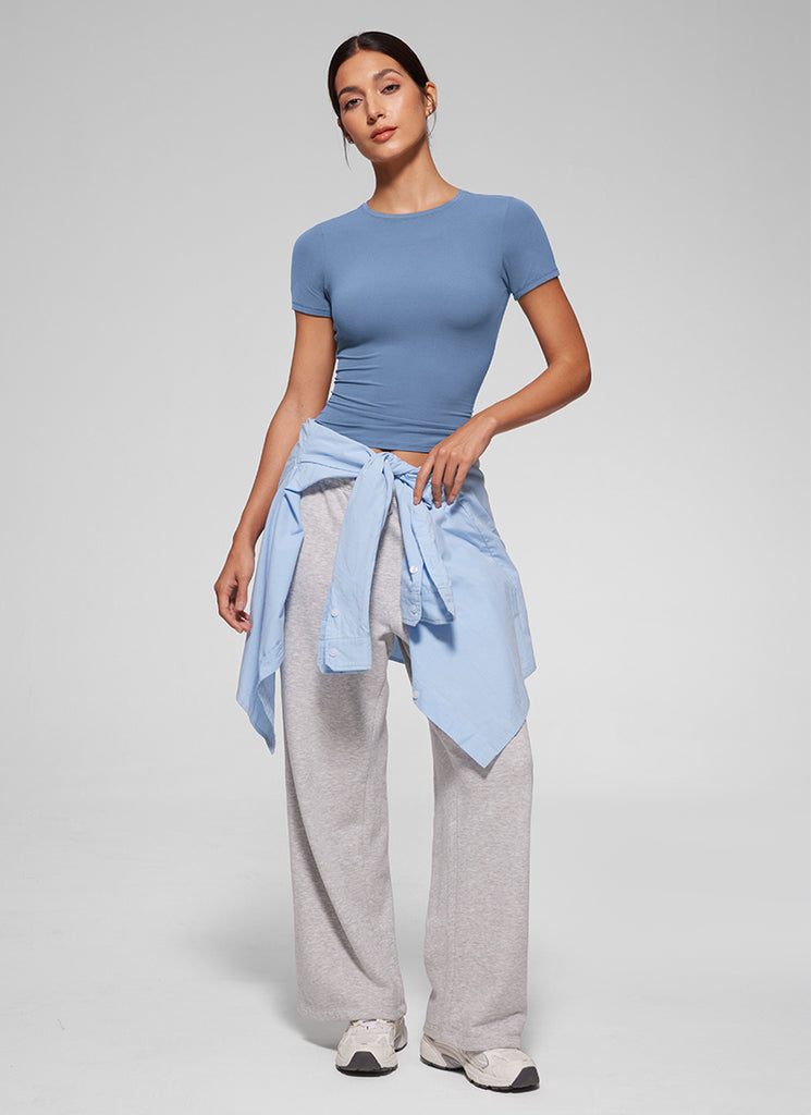 CRZ YOGA Women Going Out Tops Soft High Crew Neck Casual Tight Shirts Oasis Blue