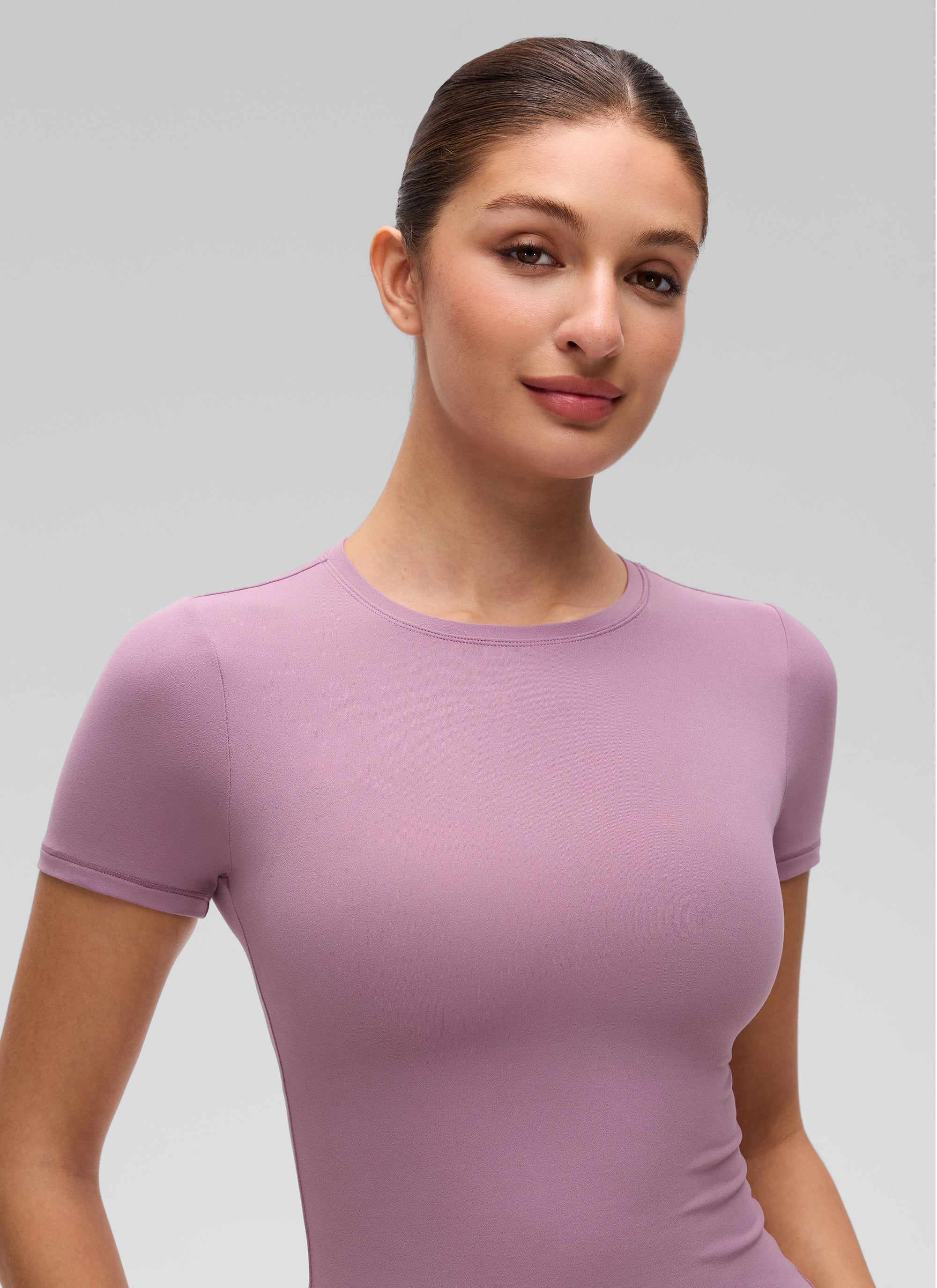 CRZ YOGA Women's Going Out Tops Soft High Crew Neck Casual Tight Shirts Light Lavender @model_info:Inga