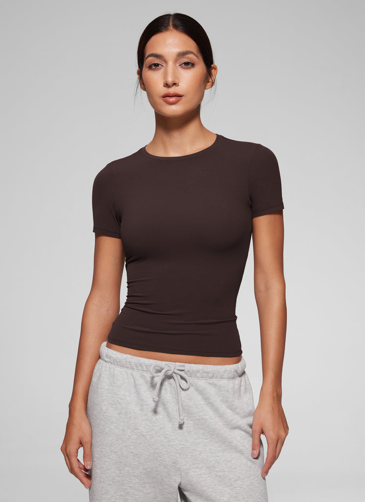 CRZ YOGA Women Going Out Tops Soft High Crew Neck Casual Tight Shirts Hot Fudge Brown