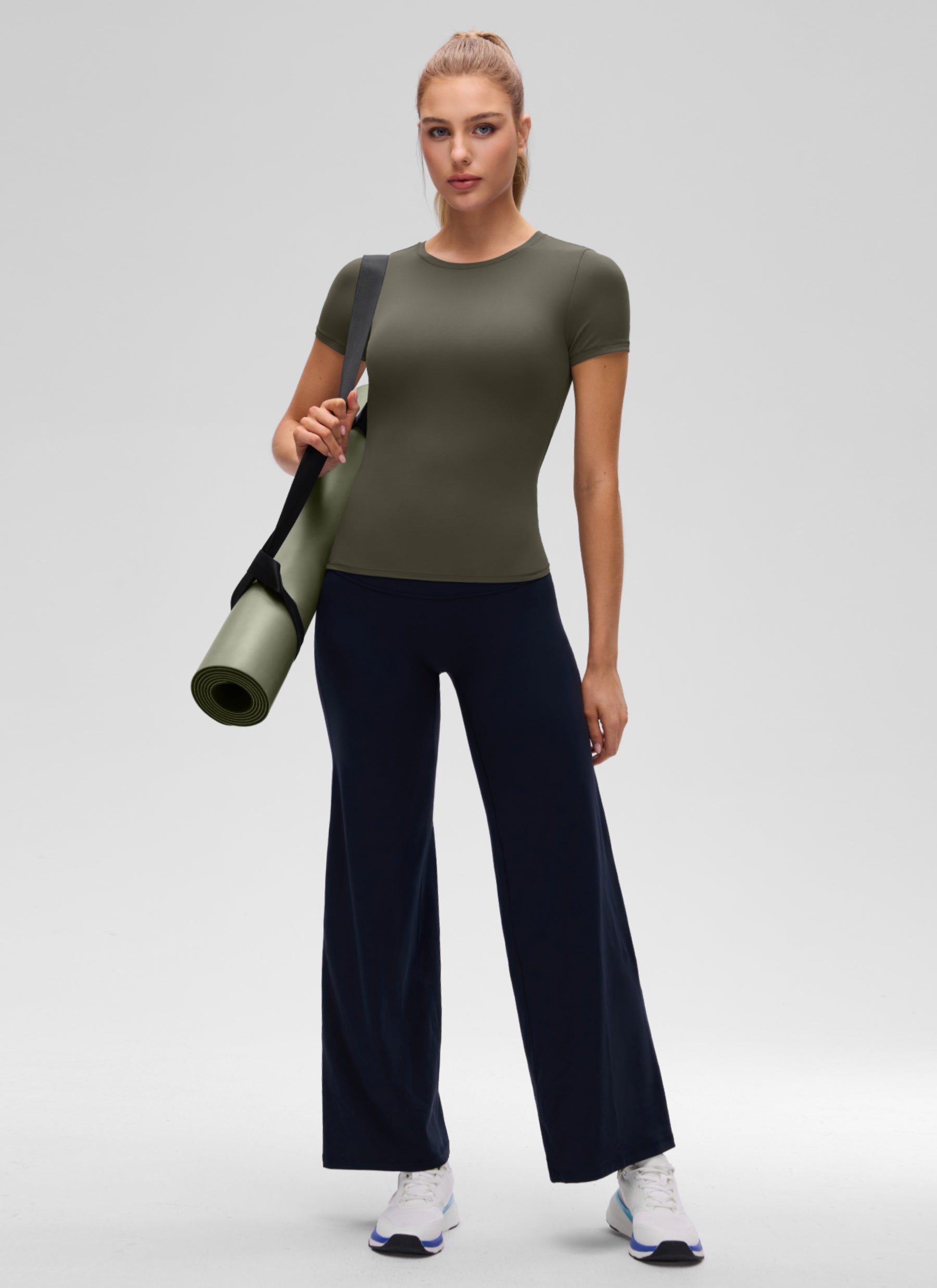 CRZ YOGA Women's Going Out Tops Soft High Crew Neck Casual Tight Shirts Light Army Green @model_info:A