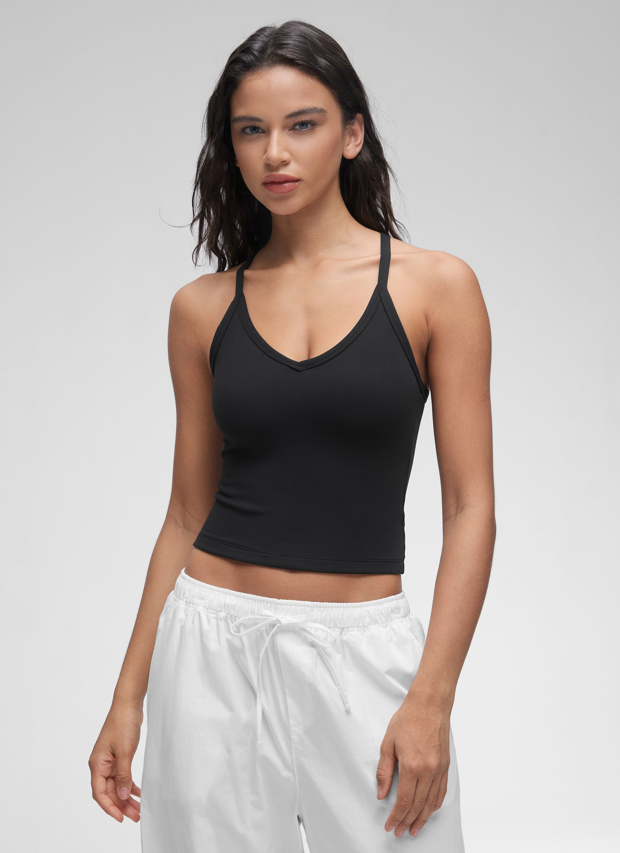 CRZ YOGA Butterluxe Soft Double Lined V Neck Racerback Tanks לנשים שחור
