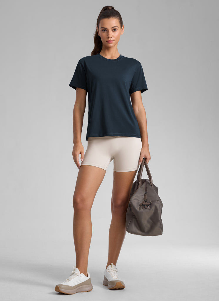 CRZ YOGA Women's Workout Casual Poly Cotton-Blend Short Sleeve True Navy