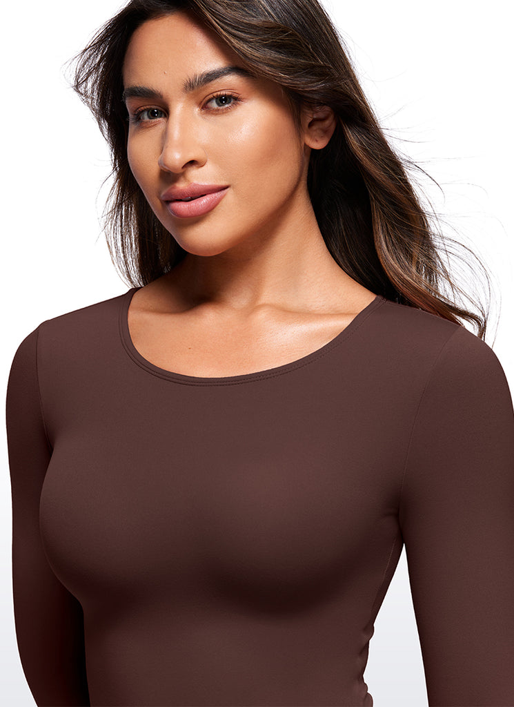 CRZ YOGA Women's Yoga Tight Fit Crew Neck Long Sleeves Bodysuits Taupe