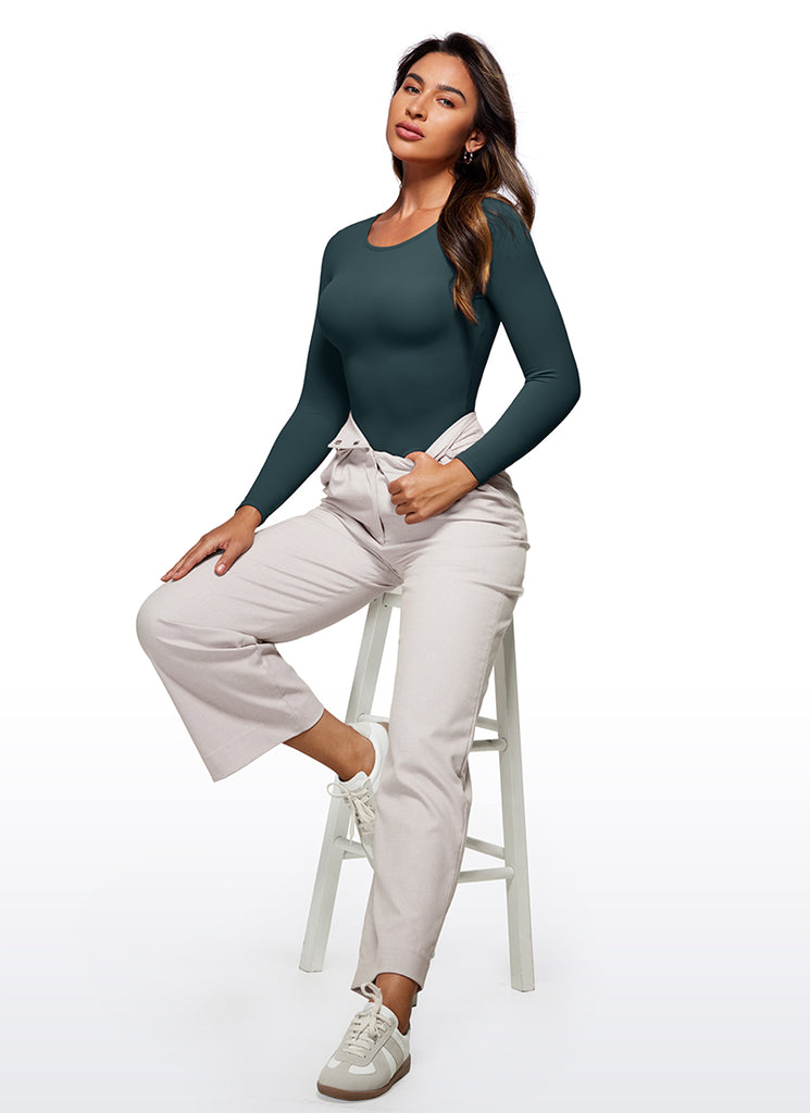 CRZ YOGA Women's Yoga Tight Fit Crew Neck Long Sleeves Bodysuits Forest Dark Green