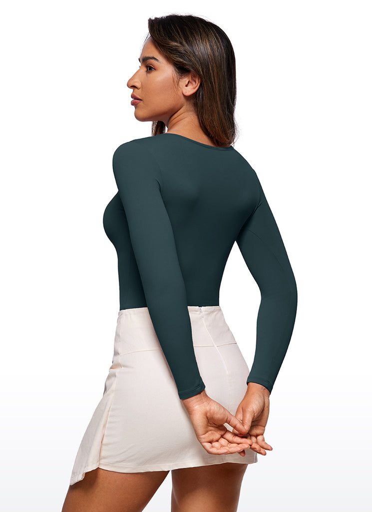 CRZ YOGA Women's Yoga Tight Fit Crew Neck Long Sleeves Bodysuits Forest Dark Green