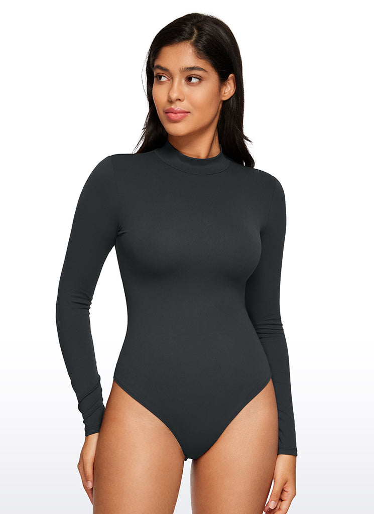 CRZ YOGA Women's Yoga Tight Fit Mock Turtleneck Long Sleeves Bodysuits White