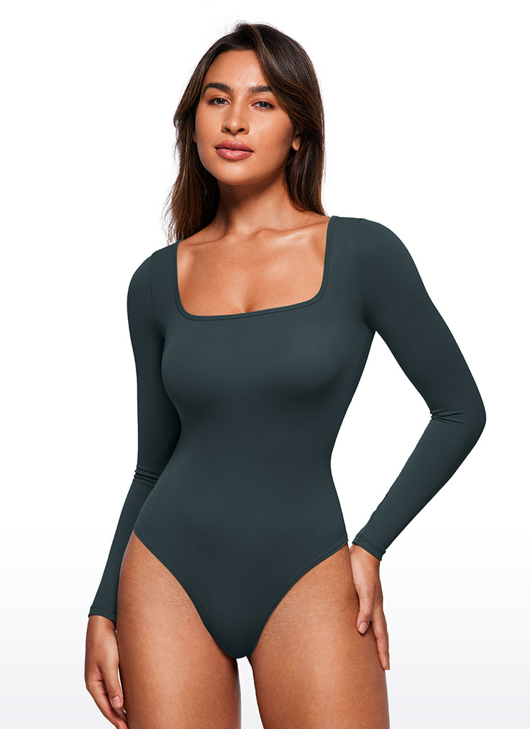 CRZ YOGA Women's Yoga Tight Fit Square Neck Long Sleeves Bodysuits Forest Dark Green