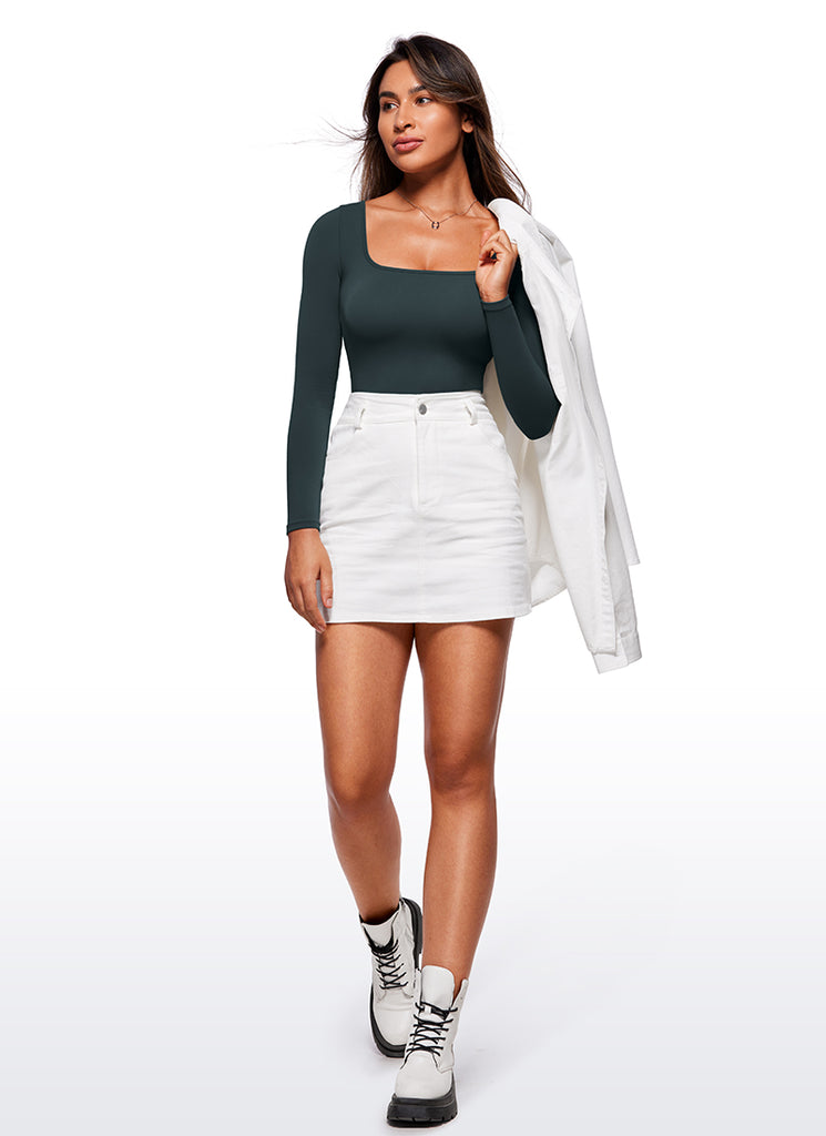 CRZ YOGA Women's Yoga Tight Fit Square Neck Long Sleeves Bodysuits Forest Dark Green