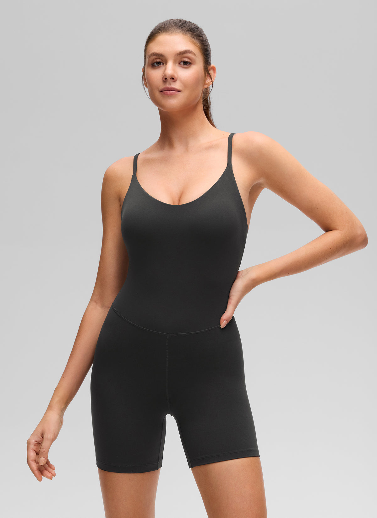CRZ YOGA Women's Butterluxe Yoga U Neck Cross Back Built in Bra Romper Black @model_info:Gelya