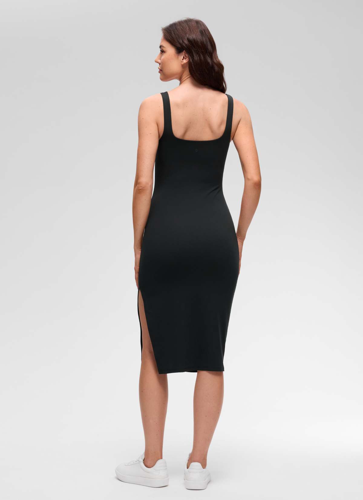 CRZ YOGA Women's Butterluxe Casual Square Neck Side Split Midi Dress Black @model_info:Kseniia