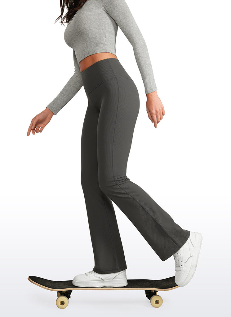 CRZ YOGA Womens Ribbed Pocket High Waist Bootcut  Flare Leggings 31" Mysterious Grey
