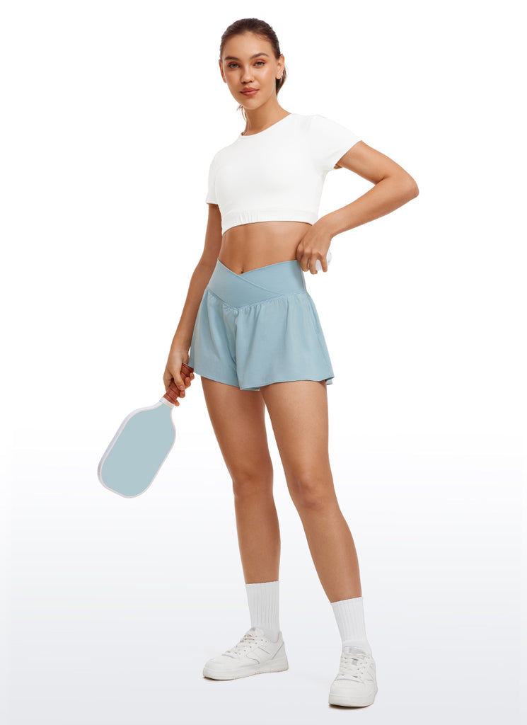 CRZ YOGA Women's Tennis V Crossover 2 in 1 Flowy Shorts High Waisted Light grayish blue