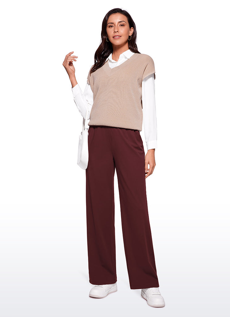 CRZ YOGA Women Stretch Straight Wide Leg Casual Pockets Pants 30.5” Coffee Brown