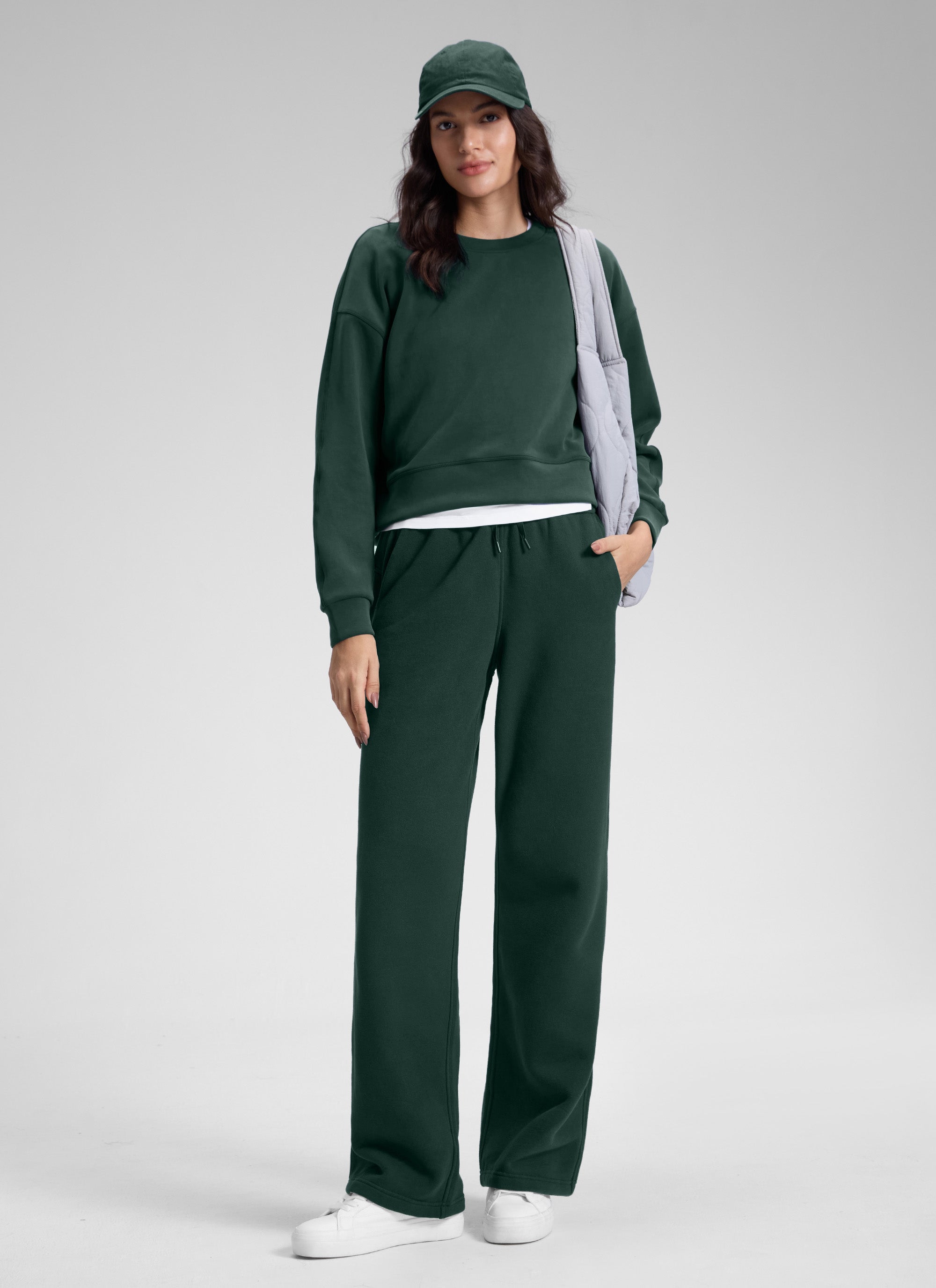 CRZ YOGA Womens Cotton Fleece Lined Straight Leg Lounge Sweatpants30'' Legend Green