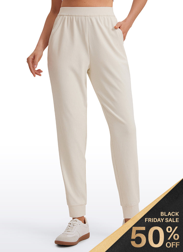 CRZ YOGA Women Comfy Ribbed Pockets High Waisted Sweatpants White Apricot