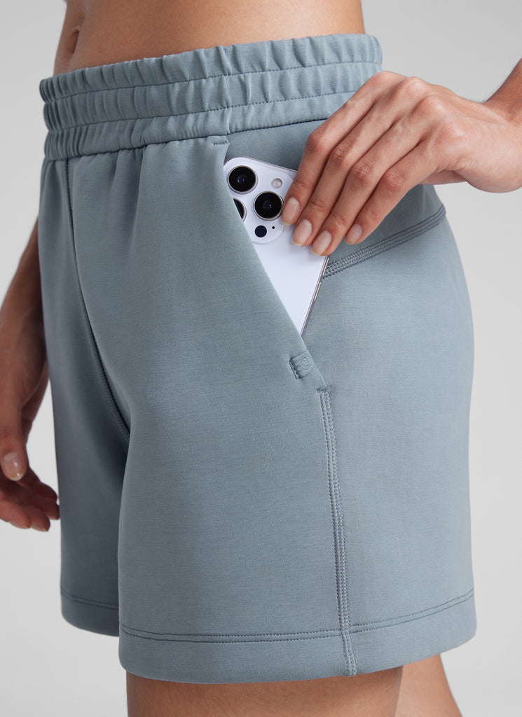 CRZYOGA Women SoftAura Sweat Shorts 4” with Pockets Drawstring Belgian Blue