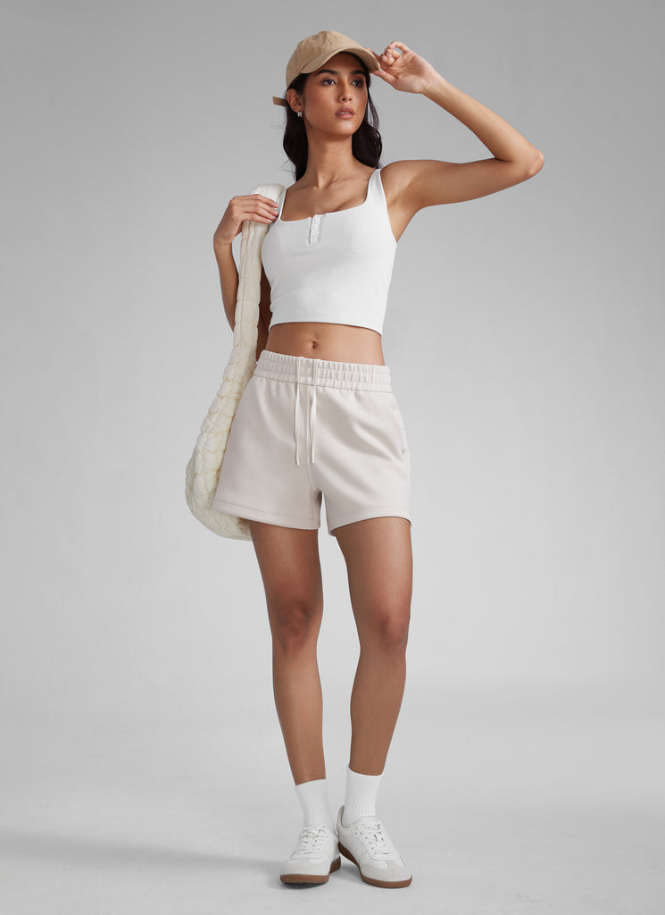 CRZYOGA Women SoftAura Sweat Shorts 4” with Pockets Drawstring Milky White