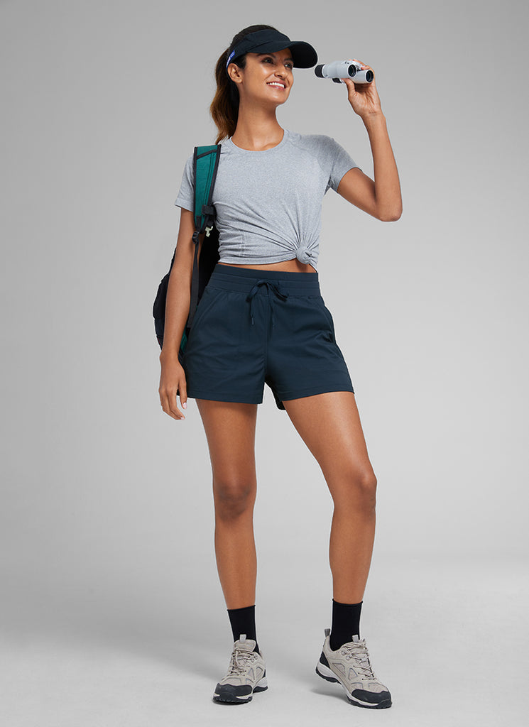 CRZ YOGA Women's Casual High Rise Drawstring Pocketed Shorts 3.5" Ink Blue