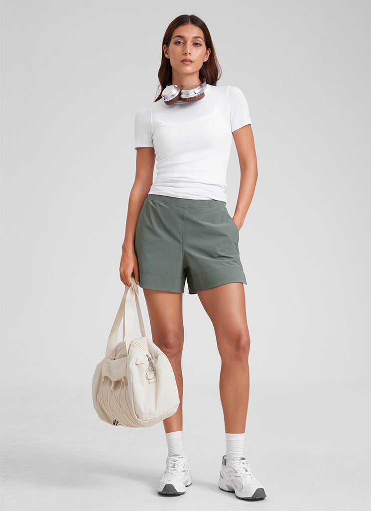 CRZ YOGA Women's Casual 4" Linerless High Waisted V Slit with Pockets Grey Sage