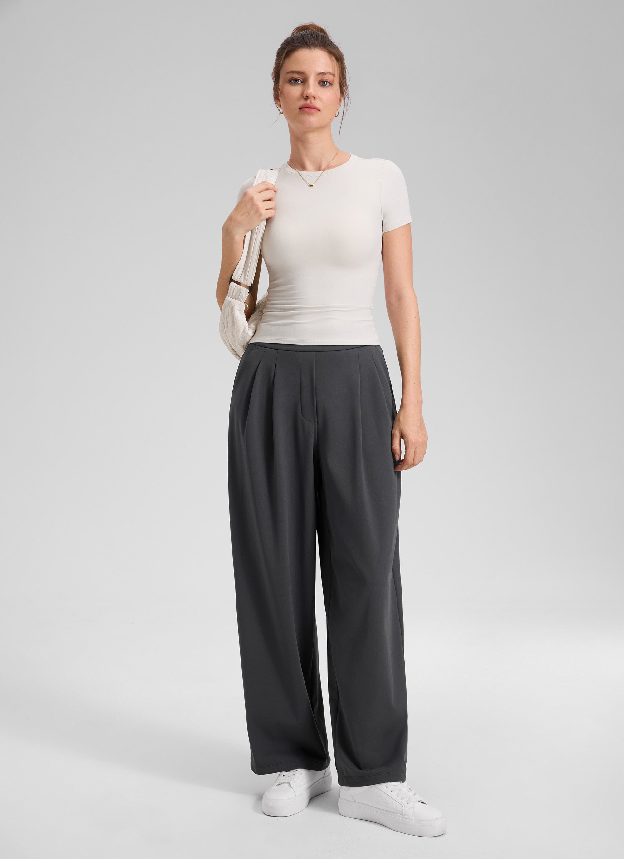 CRZ YOGA Women's Business High Rise Drawstring Pocket Wide Leg Pant Ink Gray @model_info:Kerr