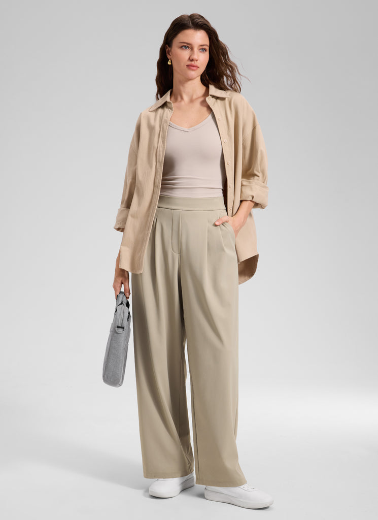 CRZ YOGA Women's Business High Rise Drawstring Pocket Wide Leg Pant Oak