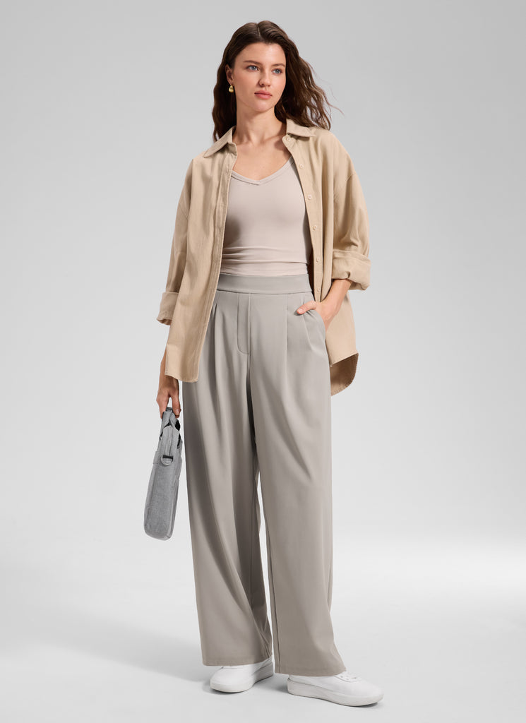 CRZ YOGA Women's Business High Rise Drawstring Pocket Wide Leg Pant Oak