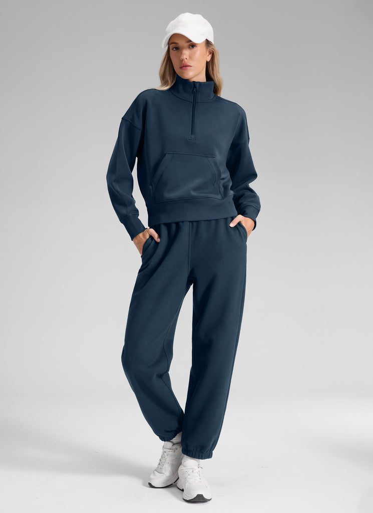 CRZ YOGA Women's Fleece Lined High Rise Drastring Pocket Sweatpants Ink Blue