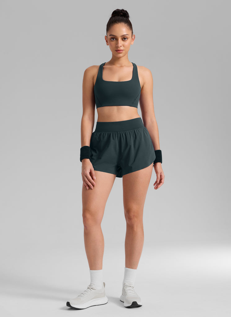 CRZ YOGA Women's Running High Rise Mesh Lined Shorts 3'' Workout Short Blue Linen