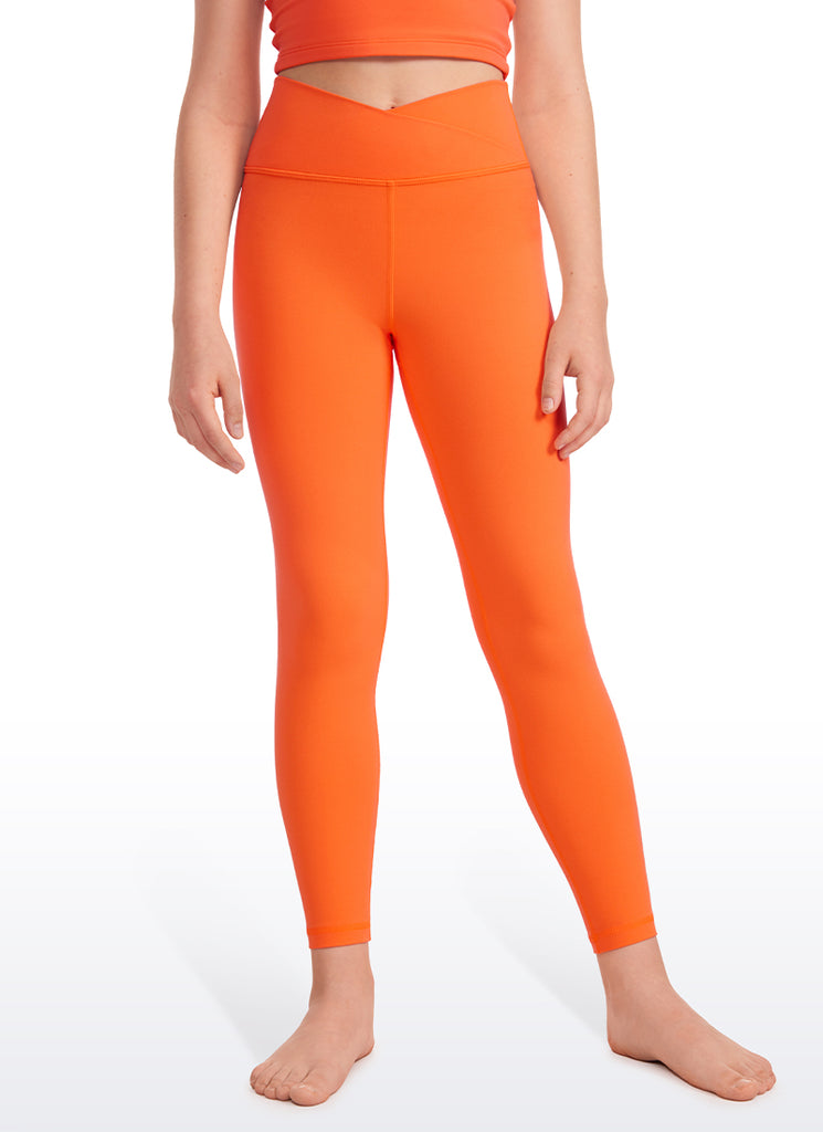 CRZ YOGA Girl's High Rise Butterluxe Sport Leggings 25'' V Cross Waist Neon Orange