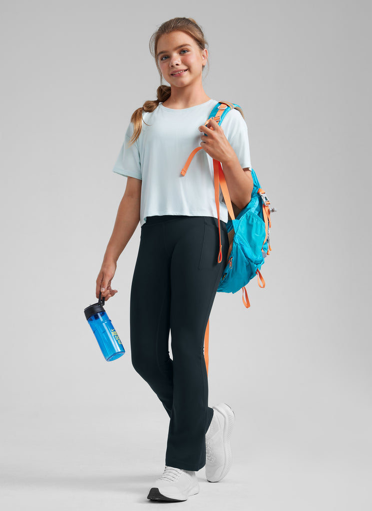 CRZ YOGA Girls' Casual Flare Leggings with Pockets Bootcut Pants True Navy