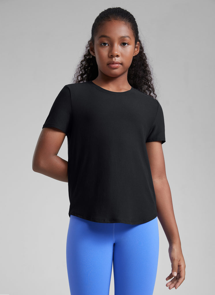 CRZ YOGA Girls Cloudweight Short Sleeve Quick Dry Round Neck T Shirts Black