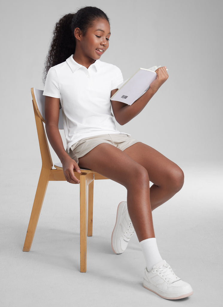 CRZ YOGA Girls Cloud Jersey Short Sleeve Polo Shirts White