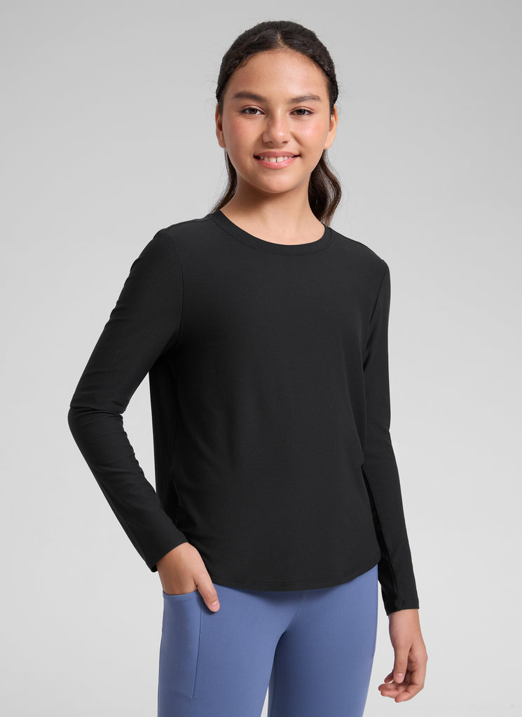 CRZ YOGA Girl's Cloudweight Casual Scoop Neck Hip Length Long Sleeves Black